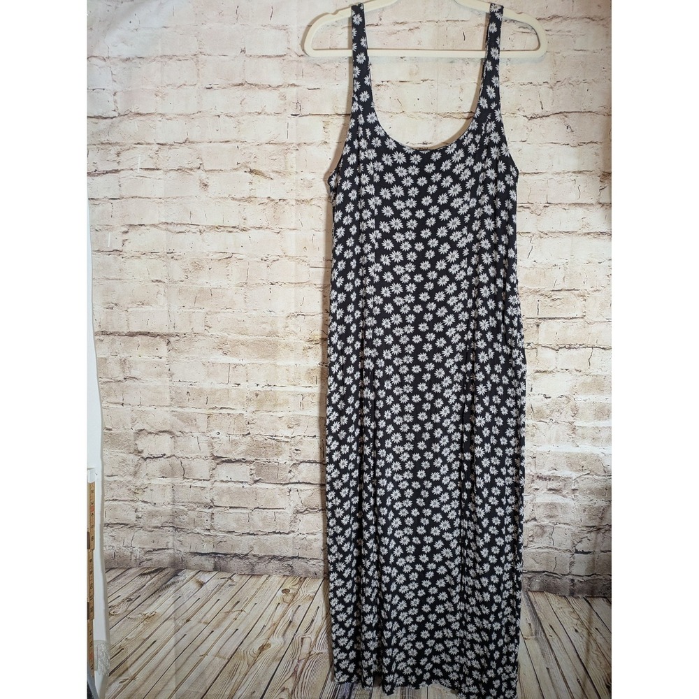 American Eagle Midi Dress Large Black Daisies Floral Side Slit Romantic Flowy